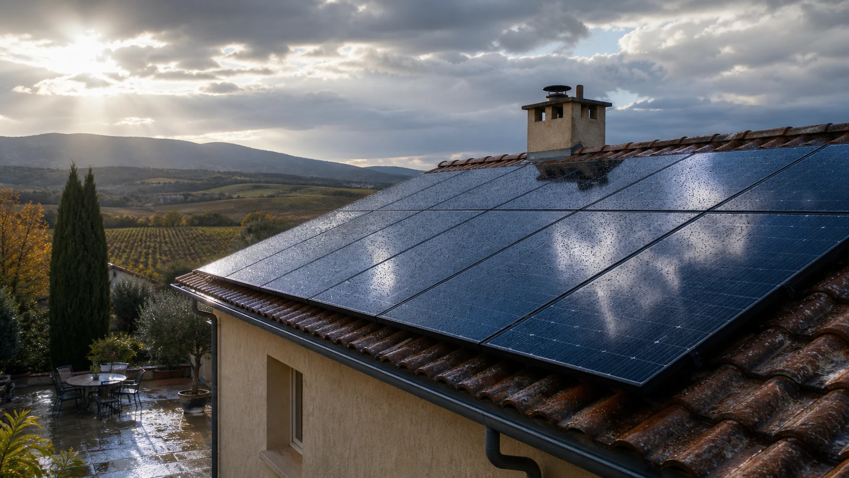 Panneaux photovoltaïques sur une maison de la Drôme en hiver